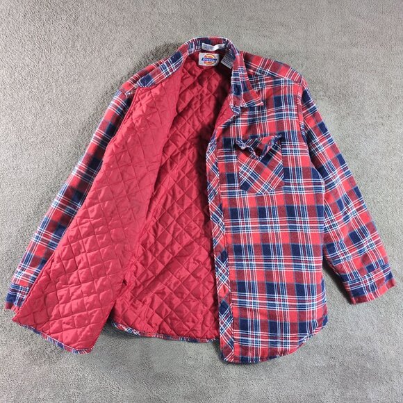 VTG Dickies Mens XL Insulated Flannel Shacket Quilted Lining Plaid Red Blue - Picture 6 of 10